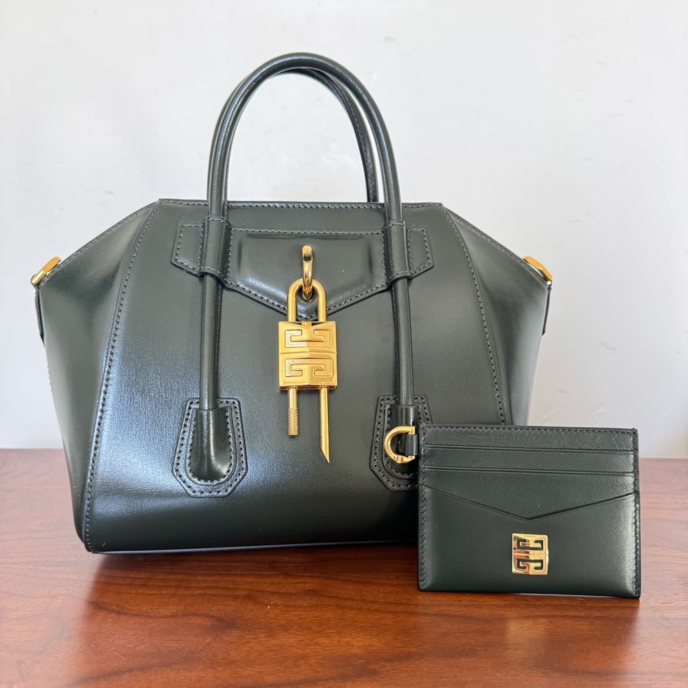 GIVENCHY Antigona Mini Bag and Card Case Dark Green Box Leather Gold